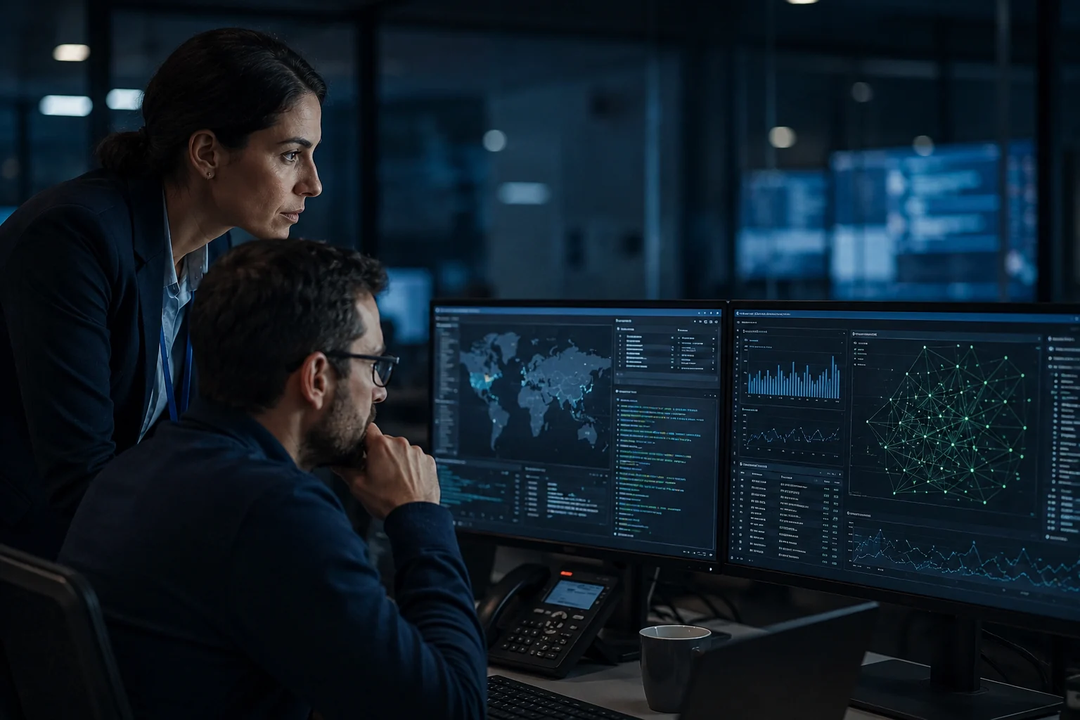 Equipo de ciberseguridad defensiva analizando amenazas y riesgos empresariales