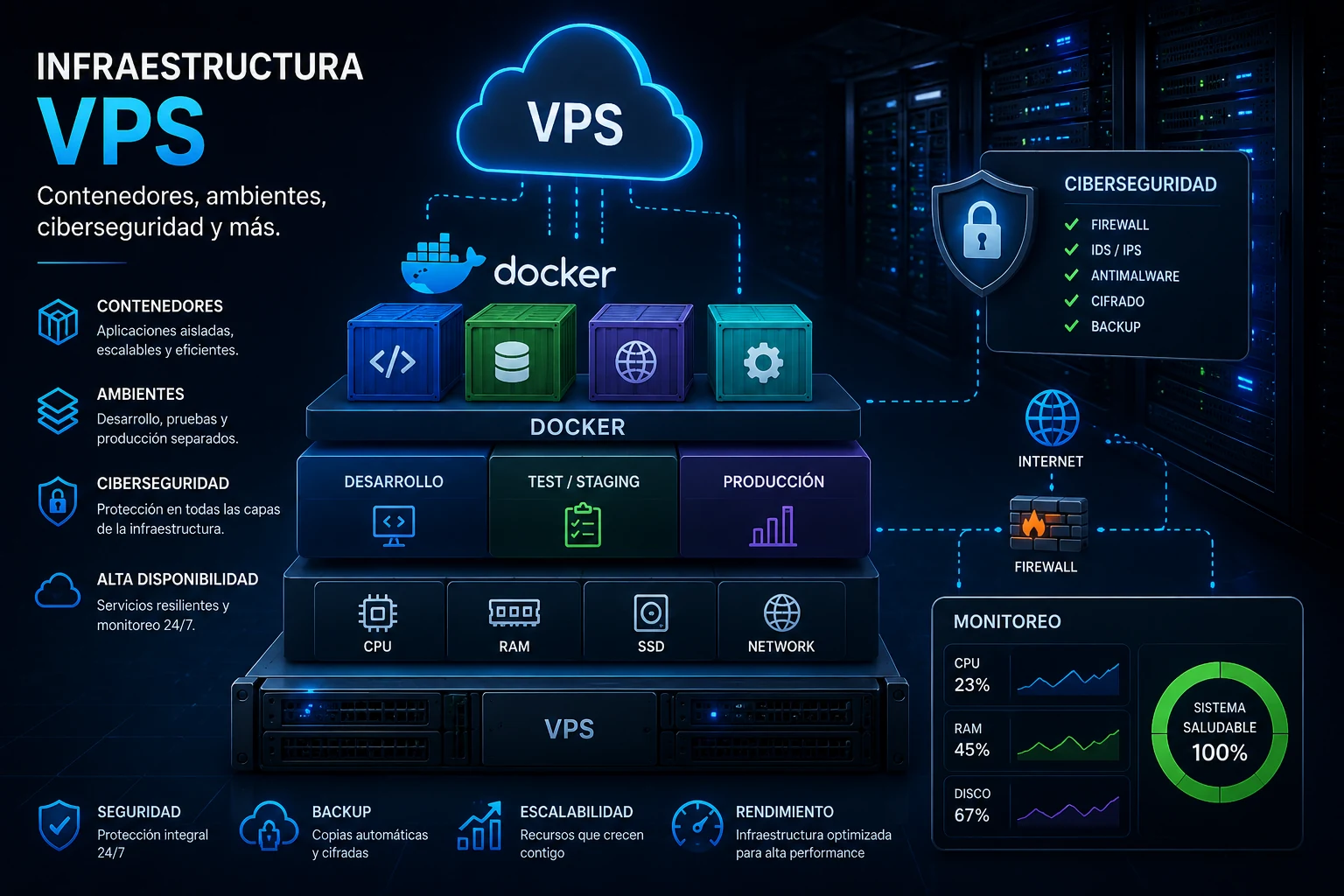 Infraestructura VPS con contenedores, ambientes y controles de ciberseguridad