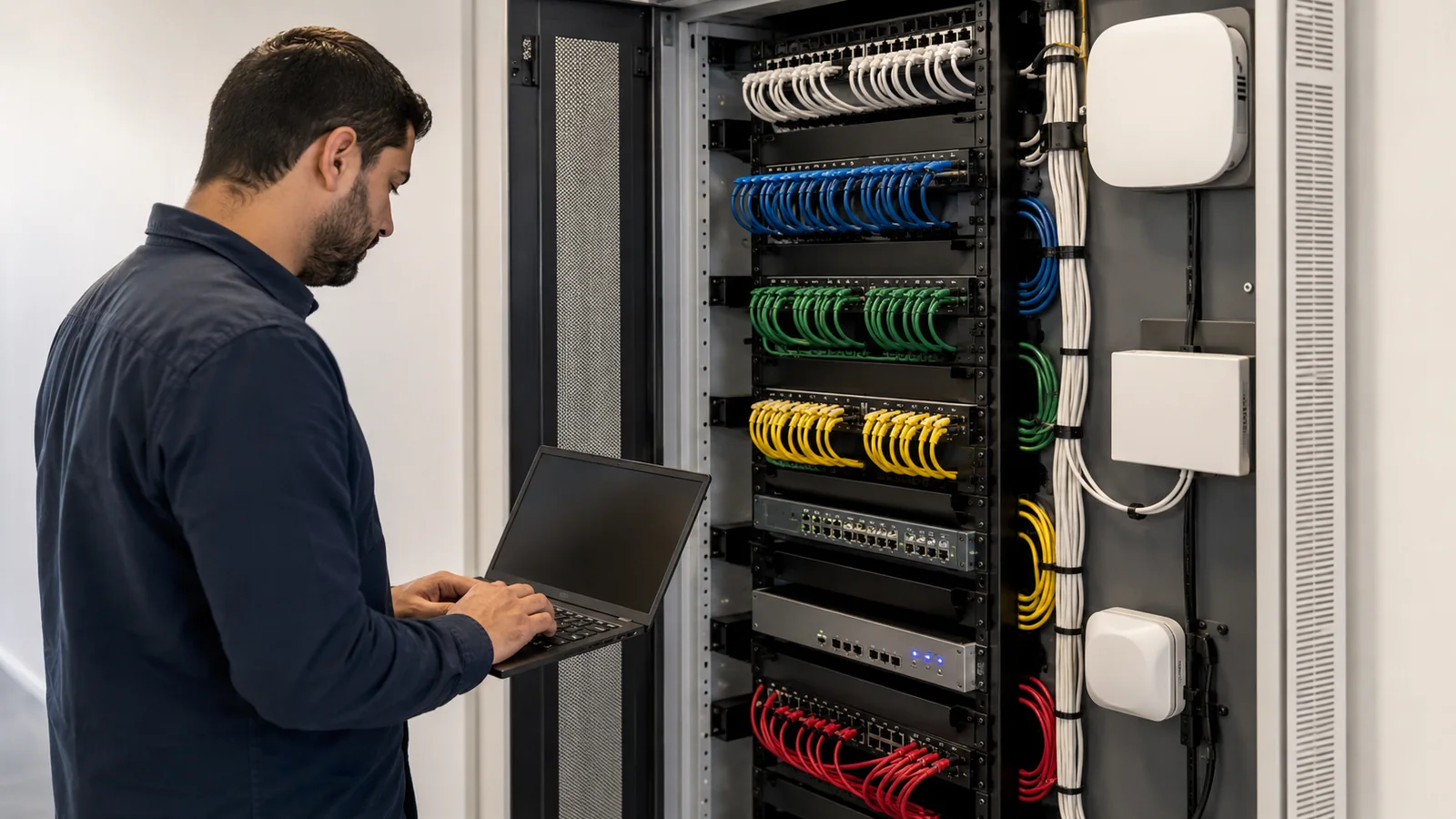 Técnico revisa equipos de red separados por funciones en una empresa