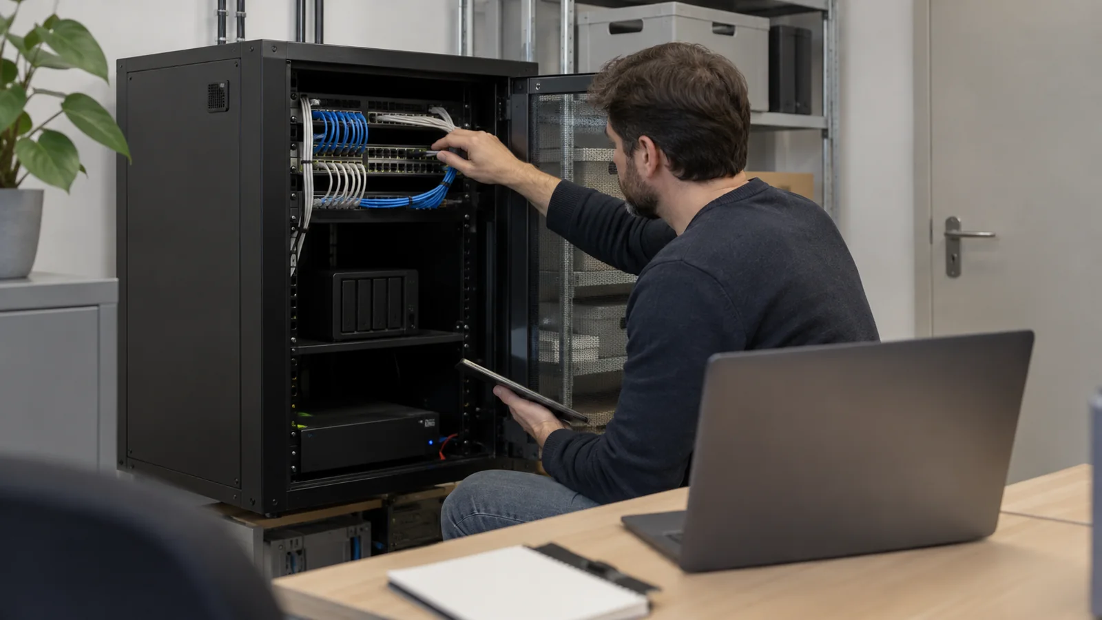 Técnico revisando infraestructura que sostiene la recolección de logs de seguridad