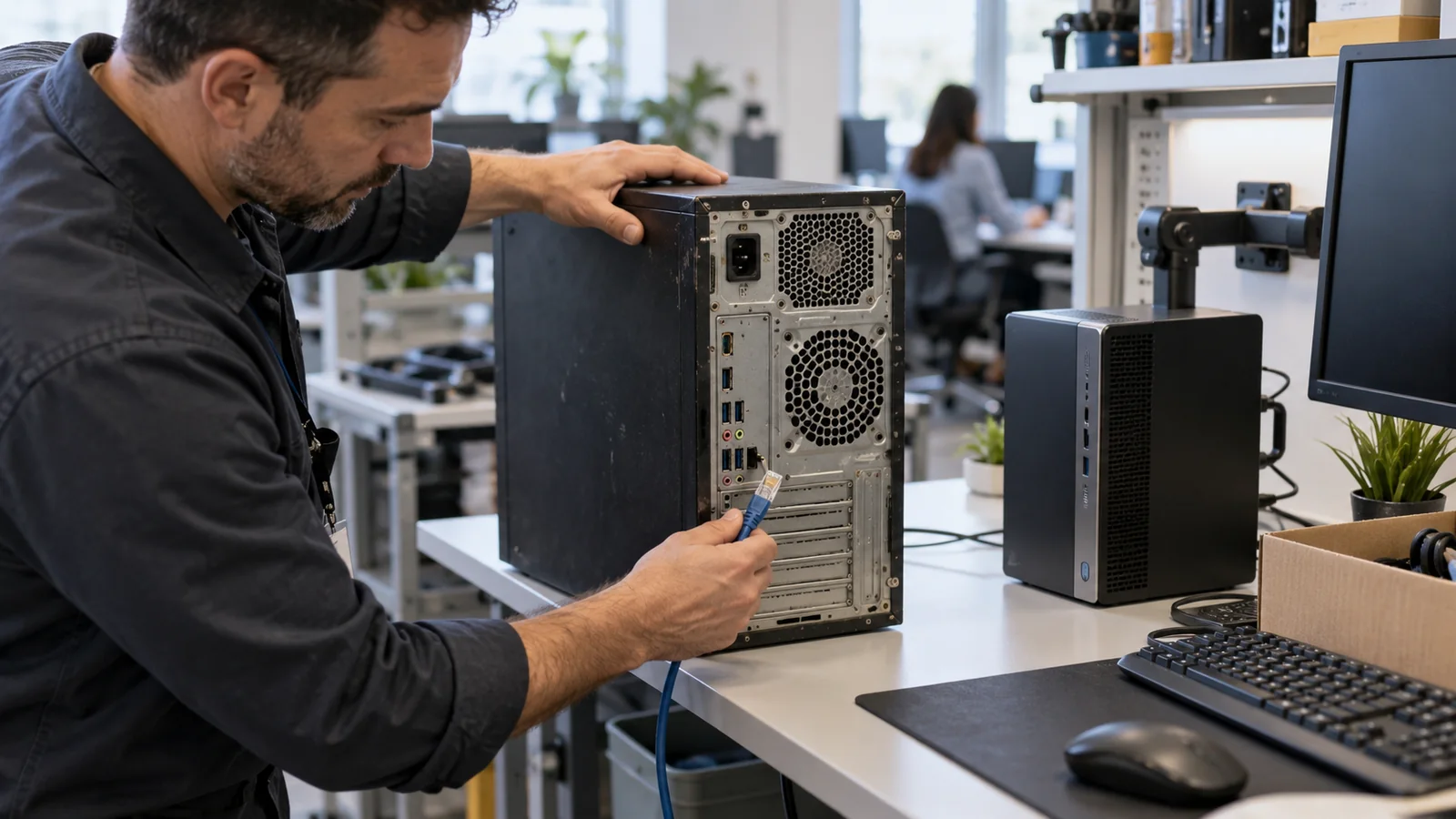 Técnico desconectando un equipo antiguo para su retiro controlado