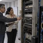 Profesionales evaluando infraestructura tecnológica antigua y su renovación