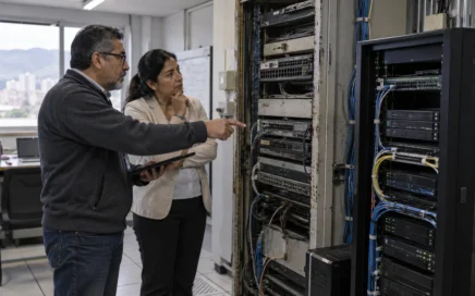Profesionales evaluando infraestructura tecnológica antigua y su renovación