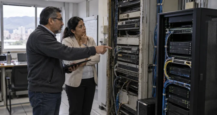 Profesionales evaluando infraestructura tecnológica antigua y su renovación