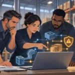 Ilustración referencial de profesionales revisando riesgos digitales en una operación de distribución de climatización; no muestra a ANWO ni un incidente real