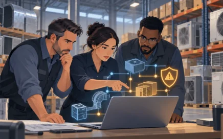 Ilustración referencial de profesionales revisando riesgos digitales en una operación de distribución de climatización; no muestra a ANWO ni un incidente real