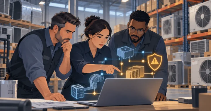Ilustración referencial de profesionales revisando riesgos digitales en una operación de distribución de climatización; no muestra a ANWO ni un incidente real