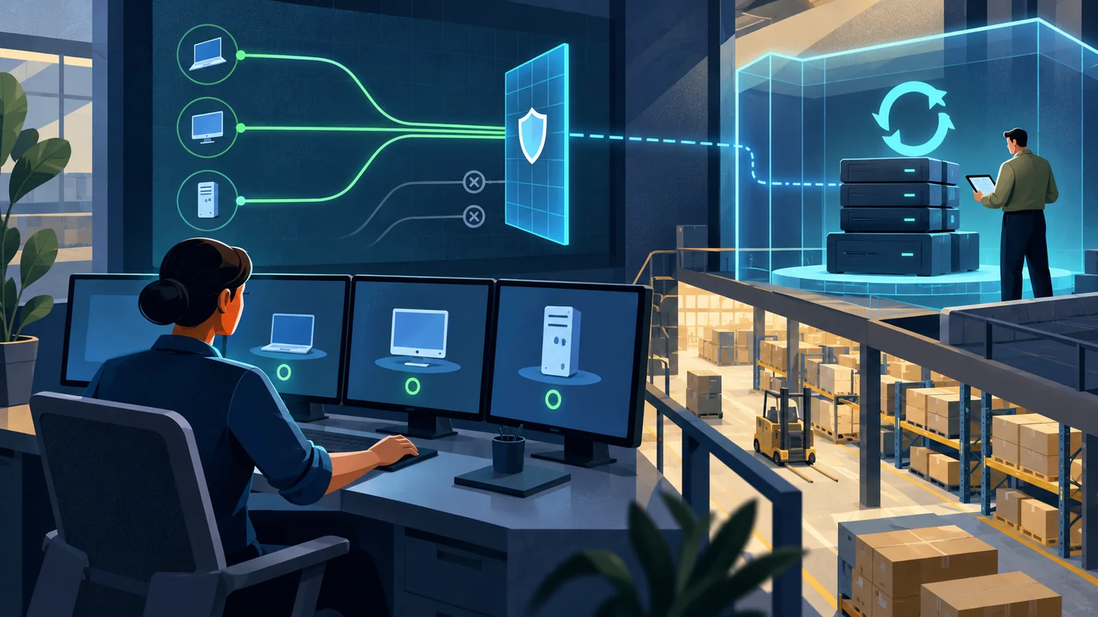 Ilustración referencial de monitoreo de endpoints y copias de seguridad aisladas en una operación de distribución