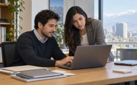 Profesionales revisan escenarios de prueba de software en una oficina; ilustración editorial generada con IA