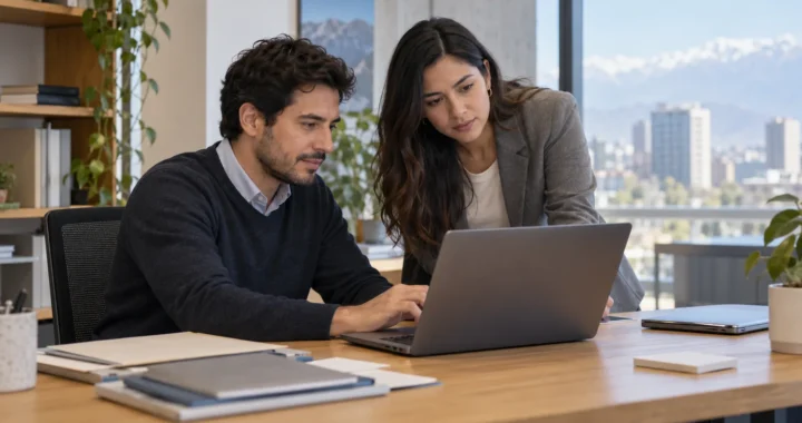 Profesionales revisan escenarios de prueba de software en una oficina; ilustración editorial generada con IA